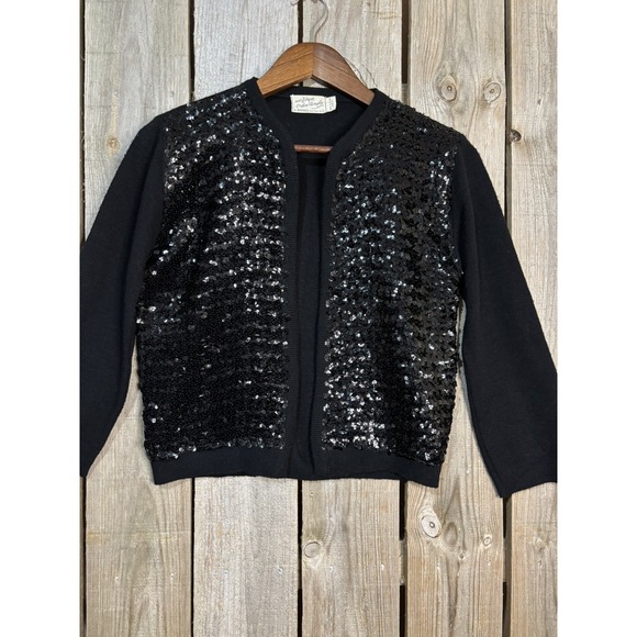 Rivoli Knitting Mill Sweaters - Vintage 60s Black Sequin Cropped Party Cardigan